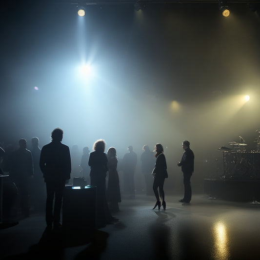 A moody, dimly-lit nightclub scene: Janis Ian's silhouette center stage, spotlight shining down, surrounded by dark shadows, with subtle hints of 70s disco ball reflections and faint, swirling fog.