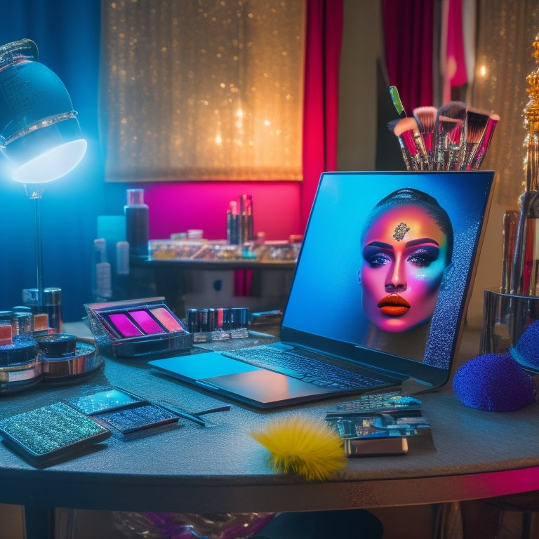 A cluttered makeup station with a laptop, smartphone, and tablet surrounded by brushes, palettes, and cosmetics, with a mirror in the background reflecting a dancer's face with bold, colorful makeup.