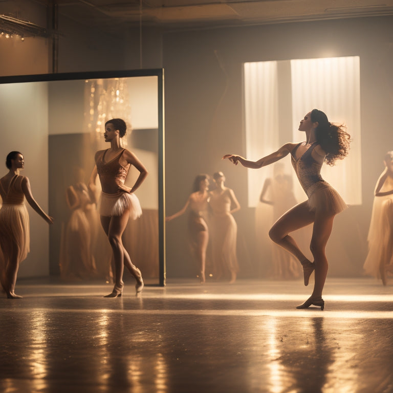 A warm-toned, dimly lit dance studio with a solo female dancer in focus, her hips swaying sensually to the rhythm, surrounded by mirrors and blurred, shadowy figures in the background.