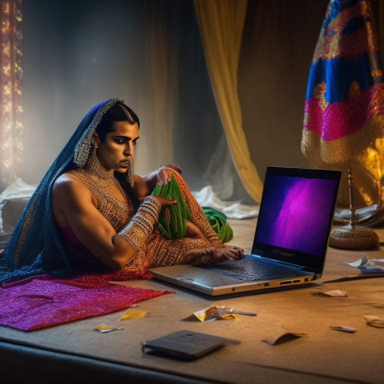 A lone, frustrated dancer sits in front of a laptop, surrounded by scattered papers and torn fabric, with a broken laptop screen reflecting a distorted, pixelated belly dancer in the background.