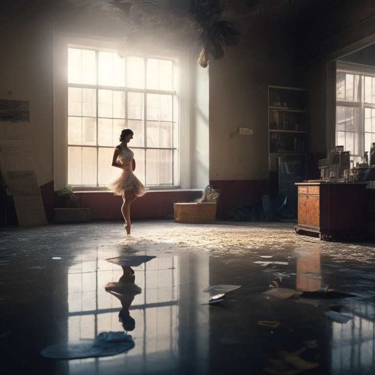 A warm-lit dance studio with a lone dancer in the center, surrounded by fractured mirrors, broken scales, and discarded diet books, with a subtle butterfly emerging from the shadows.