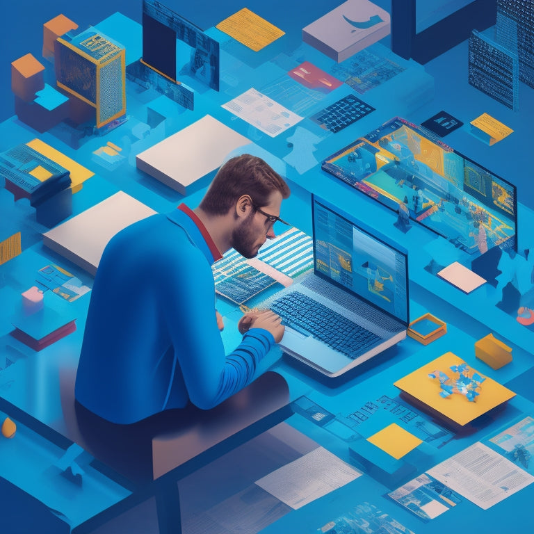 A stylized illustration of a person sitting in front of a laptop, surrounded by various digital devices and screens, with puzzle pieces fitting together in the background, symbolizing growth and skill-building.