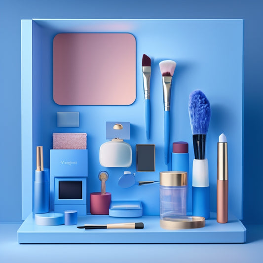 A minimalist digital illustration featuring a tidy virtual makeup station with organized palettes, brushes, and products, surrounded by sleek digital frames and folders, on a soft, gradient blue background.