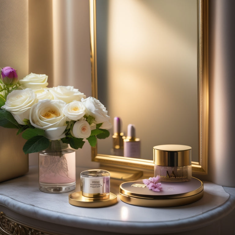 An elegant, clutter-free vanity with a rounded mirror, adorned with exquisite flowers, holding a curated selection of MAC and Nars makeup products in luxurious packaging, softly lit with warm, golden light.