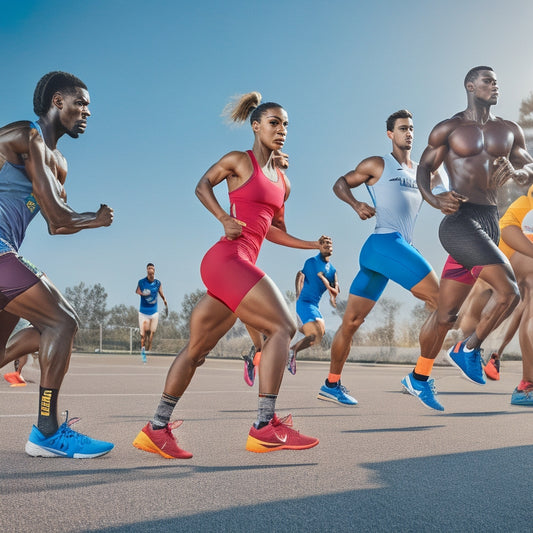 A dynamic scene featuring a diverse group of athletes in action, showcasing sleek, colorful performance sneakers on a track, gym floor, and outdoor terrain, emphasizing motion, energy, and intensity in high-intensity training.