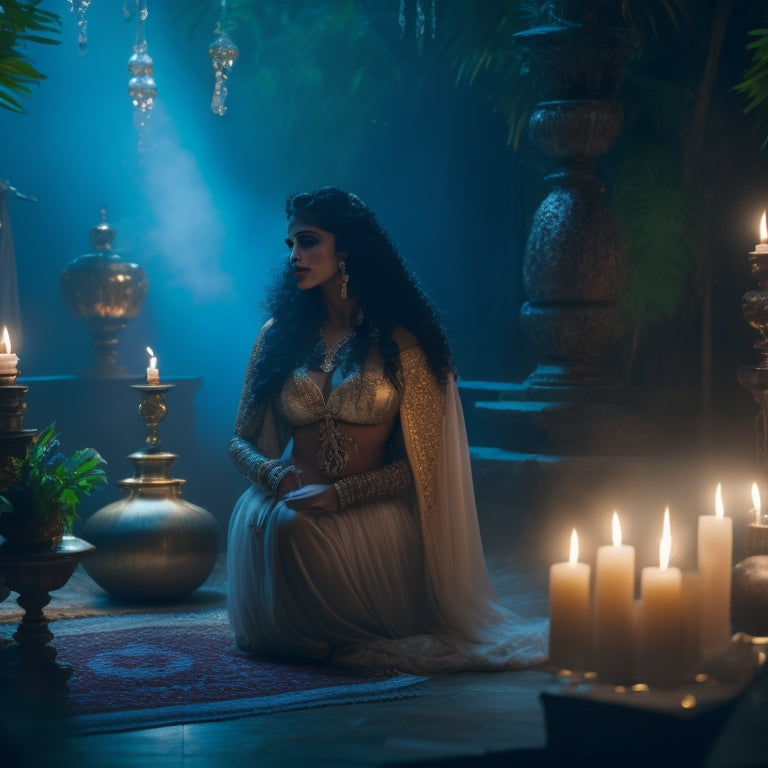 A serene, dimly lit studio with a beautiful, flowing belly dancer in the center, surrounded by candles, incense, and lush greenery, with a subtle, shimmering mist in the background.