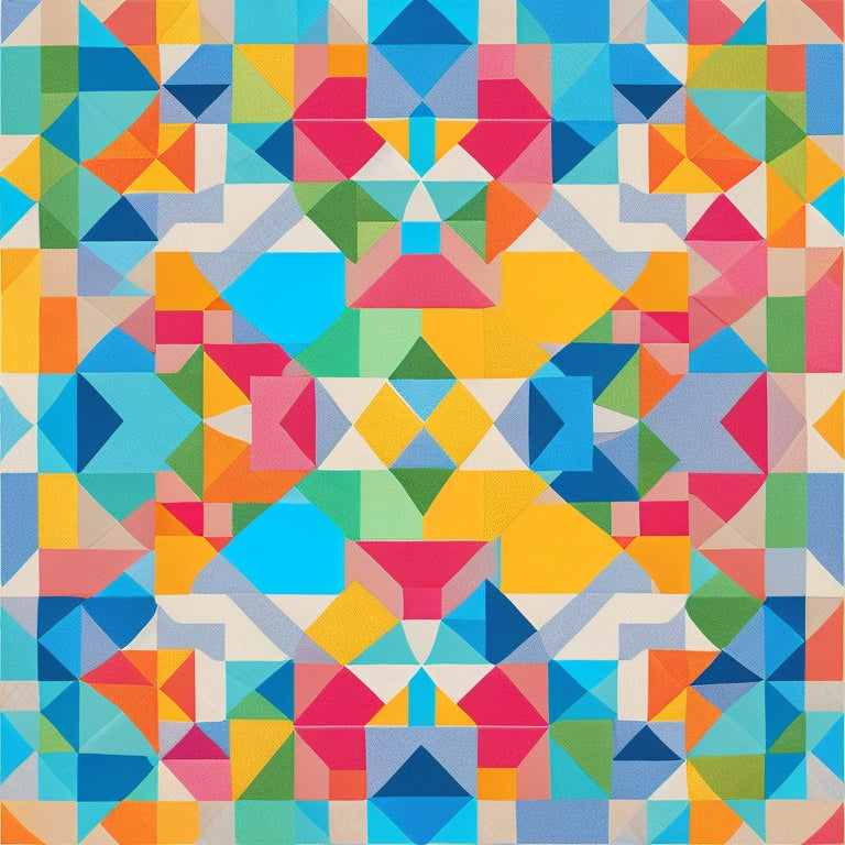 A colorful, stylized illustration of a square dance-inspired quilt pattern, featuring interlocking shapes and bold geometric forms in a modern color palette, set against a clean white background.