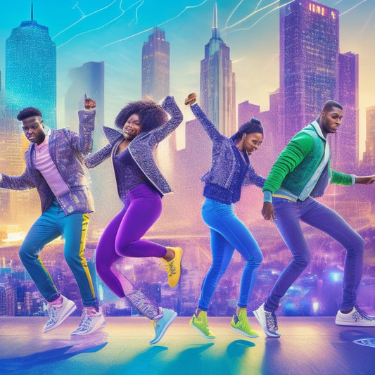 A vibrant, dynamic illustration showcasing diverse students of Blueprint Schools in mid-dance, surrounded by cityscape backgrounds, with flashes of bright lights, funky sneakers, and energetic dance poses.