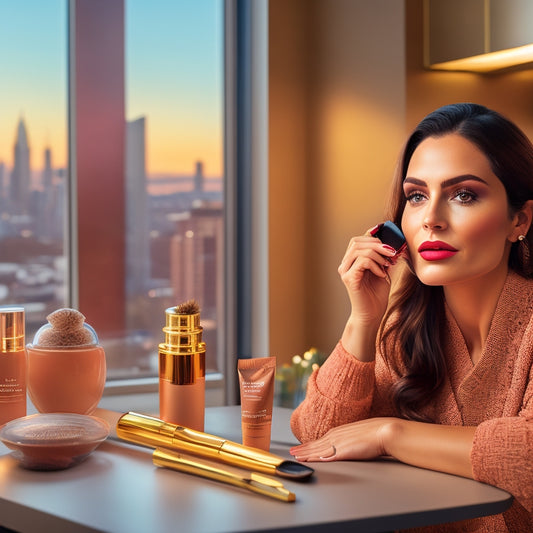 A warm, golden-lit makeup studio with a woman confidently holding a makeup brush, surrounded by Laura Geller Beauty products, with a subtle cityscape outside the window, conveying empowerment and self-expression.