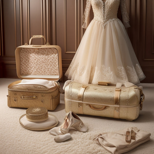A delicate, floor-length evening gown with intricate lace and beading spills out of a partially unzipped carry-on luggage, surrounded by rolled-up socks and toiletry bags.
