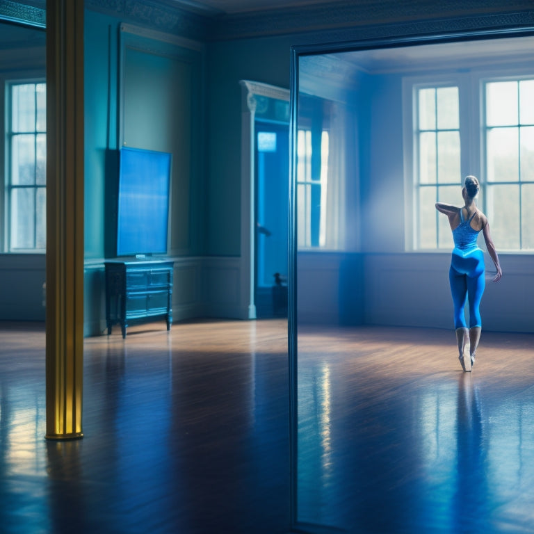 A serene, dimly lit dance studio with a lone dancer in a flowing, pale blue leotard, stretching at the barre, surrounded by mirrors, with subtle shadows and warm, golden lighting.