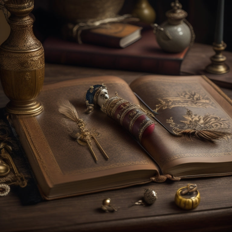 An ornate, leather-bound book lies open on a wooden desk, its yellowed pages revealing intricate illustrations of dancers in Renaissance attire, surrounded by antique quills and forgotten trinkets.