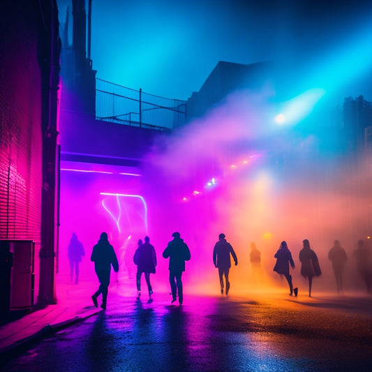 Vibrant neon lights illuminate a foggy Glasgow night, silhouetted dancers move in unison, surrounded by abstract graffiti and street art, amidst a blend of industrial and futuristic architecture.