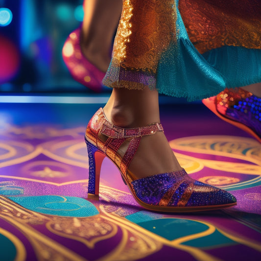 A vibrant illustration of a salsa dancer's legs, one foot in a high heel and the other in a flat shoe, surrounded by swirling dance floor lights and subtle Latin-inspired patterns.