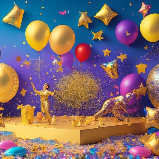 A vibrant, colorful illustration featuring a collection of dancing-themed certificates with glittering stars, confetti, and balloons surrounding them, set against a bright, sunny yellow background.