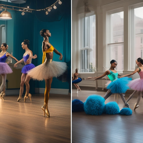 A vibrant dance studio scene with diverse dancers wearing various stylish dance shoes, showcasing flexibility and comfort. Highlight ballet slippers, jazz shoes, and modern sneakers on polished wooden floors, with mirrors reflecting graceful movements.