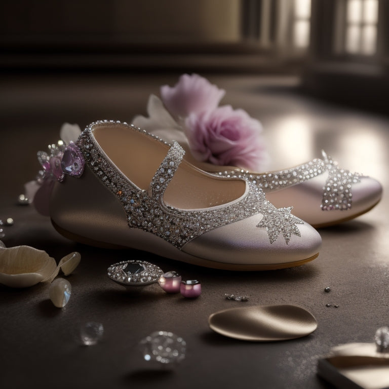 A whimsical illustration featuring a delicate ballet slipper adorned with rhinestones, surrounded by scattered rhinestones and a subtle background of ballet barres or a dance studio.