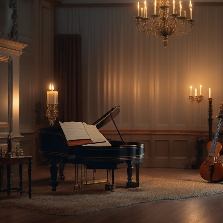 A serene, dimly lit music room with a grand piano at center, surrounded by candles, a metronome, and a music stand with sheets of music, amidst a backdrop of calm, muted colors.