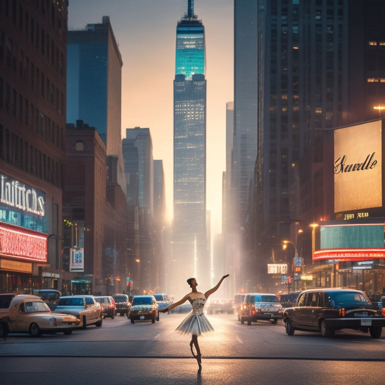 A cityscape of NYC at dusk with a giant ballet dancer's silhouette in the foreground, surrounded by dollar signs and broken mirrors, with a faint Broadway theater marquee in the background.