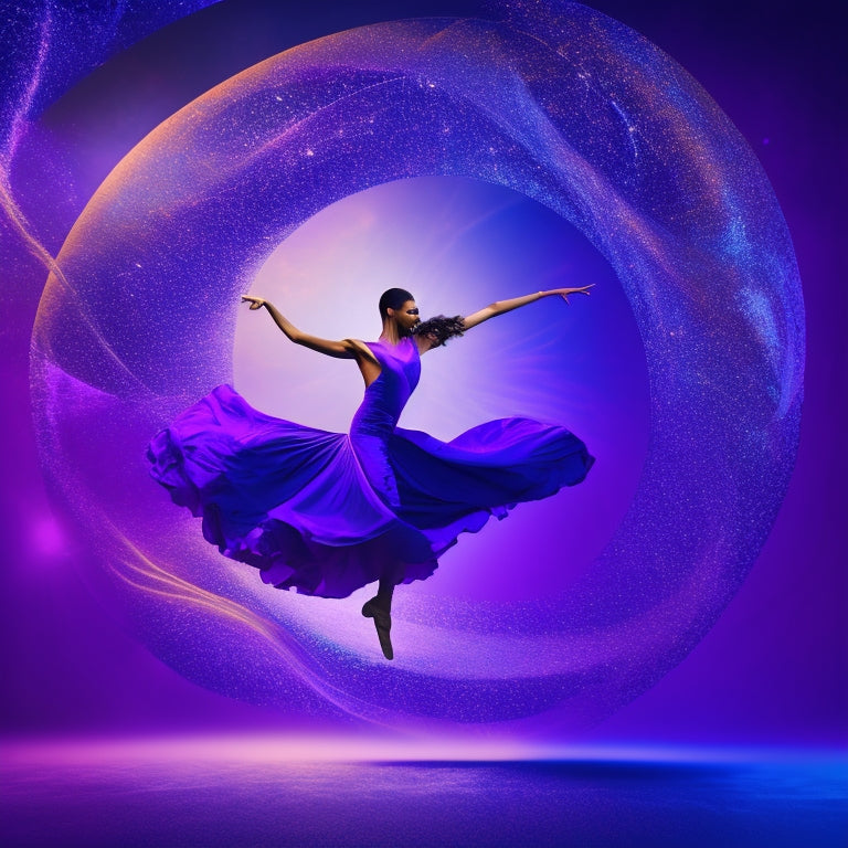 A dynamic illustration featuring a silhouetted dancer in mid-pose, surrounded by swirling musical notes, treble clefs, and rhythmic patterns, set against a vibrant, gradient background of deep blues and purples.