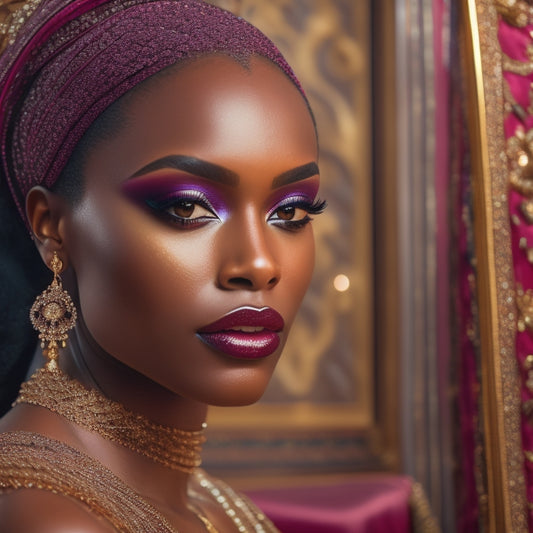 A stunning, dark-skinned woman with sleek, braided hair and bold, golden eye shadow, posing in a luxurious, velvet-draped setting, surrounded by ornate mirrors and lavish makeup displays.