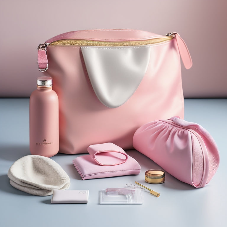 A clutter-free dance bag with a neatly organized interior, containing a pink dance belt, a pair of pointe shoes, a water bottle, a hair tie, and a small makeup pouch, set against a soft, pastel pink background.