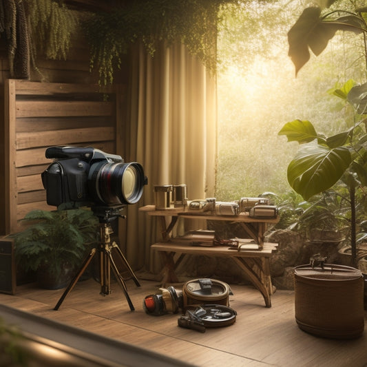 A warm, golden-lit photography studio with scattered cameras, lenses, and film rolls on wooden tables and shelves, surrounded by lush greenery and soft, diffused natural light.