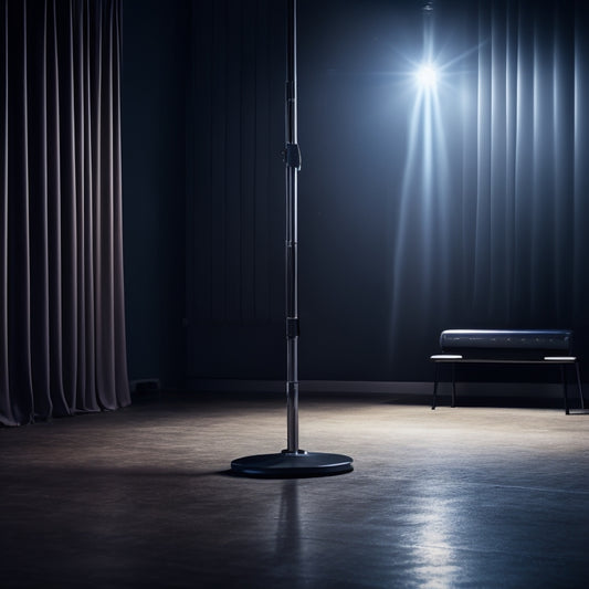 A dimly lit dance studio with a spotlight shining on a sleek, chrome dance pole securely anchored to a sturdy, black metal base, surrounded by a few scattered dance shoes.