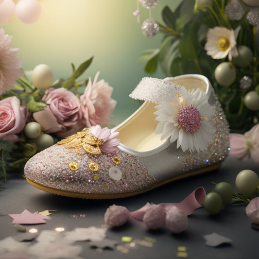 A whimsical illustration of a ballet slipper surrounded by flowers, ribbons, and confetti, with a subtle sparkle effect, set against a soft, creamy background with a delicate frame.