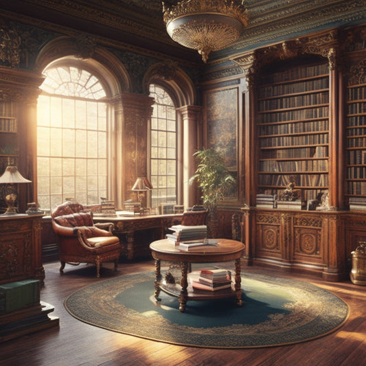 A serene, sunlit library interior with floor-to-ceiling bookshelves, a plush reading nook, and a large, ornate compass on a wooden desk, surrounded by scattered pages and bookmarks.