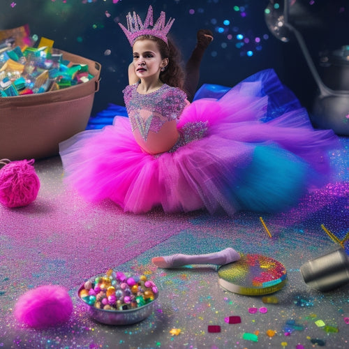 A whimsical illustration of a young dancer, surrounded by colorful craft supplies, with a sparkly tutu and ballet shoes, amidst a background of glittering rhinestones and confetti.