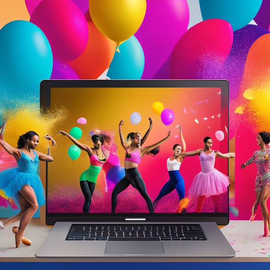 A bright and colorful illustration featuring a laptop or tablet with a screen displaying a virtual dance studio, surrounded by dancing silhouettes in various styles (ballet, hip-hop, contemporary) and confetti, balloons, and a calendar in the background.