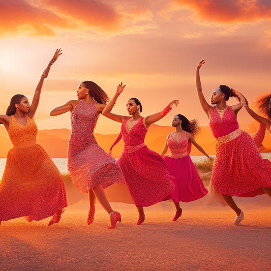 A vibrant illustration of a diverse group of women in dynamic dance poses, blending traditional and modern styles, set against a warm, sunset-colored background with subtle music notes and swirling patterns.