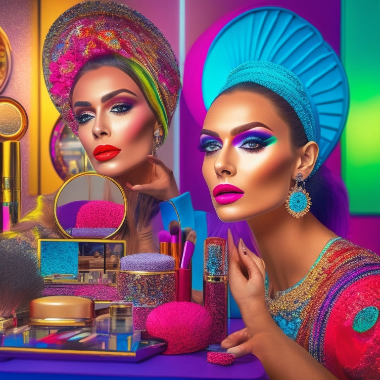 A vibrant, stylized illustration of a makeup artist's station, with a speeding clock in the background, surrounded by makeup brushes, colorful palettes, and a stunning model with a flawless, glowing complexion.