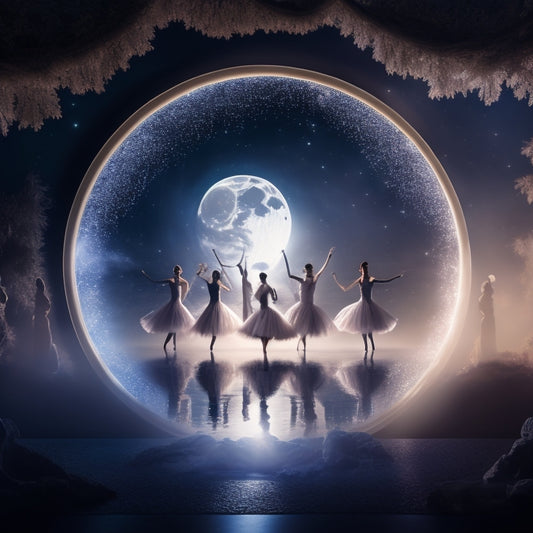 A whimsical, moonlit scene featuring a troupe of silhouette dancers in various poses, surrounding a glowing, ornate mirror, amidst swirling mist and twinkling starlight.