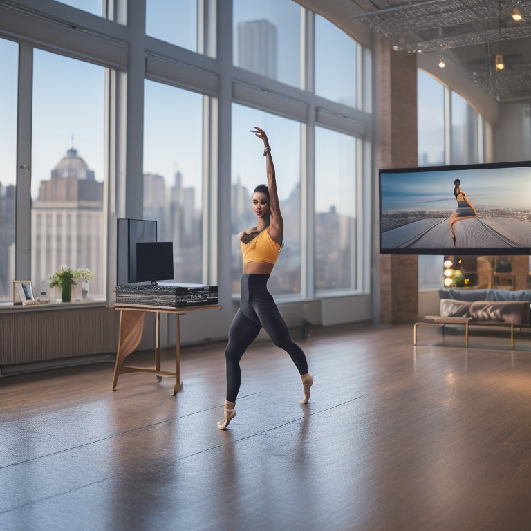 A dancer in a sleek, modern studio, surrounded by mirrors and wooden floors, with laptops and tablets displaying online dance classes, amidst a subtle background of cityscape or urban architecture.