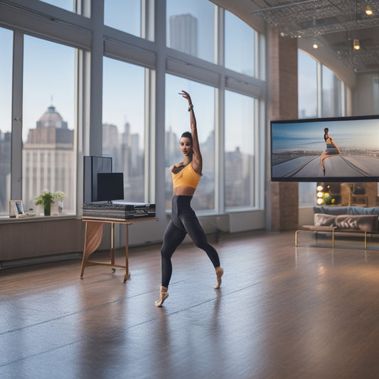 A dancer in a sleek, modern studio, surrounded by mirrors and wooden floors, with laptops and tablets displaying online dance classes, amidst a subtle background of cityscape or urban architecture.