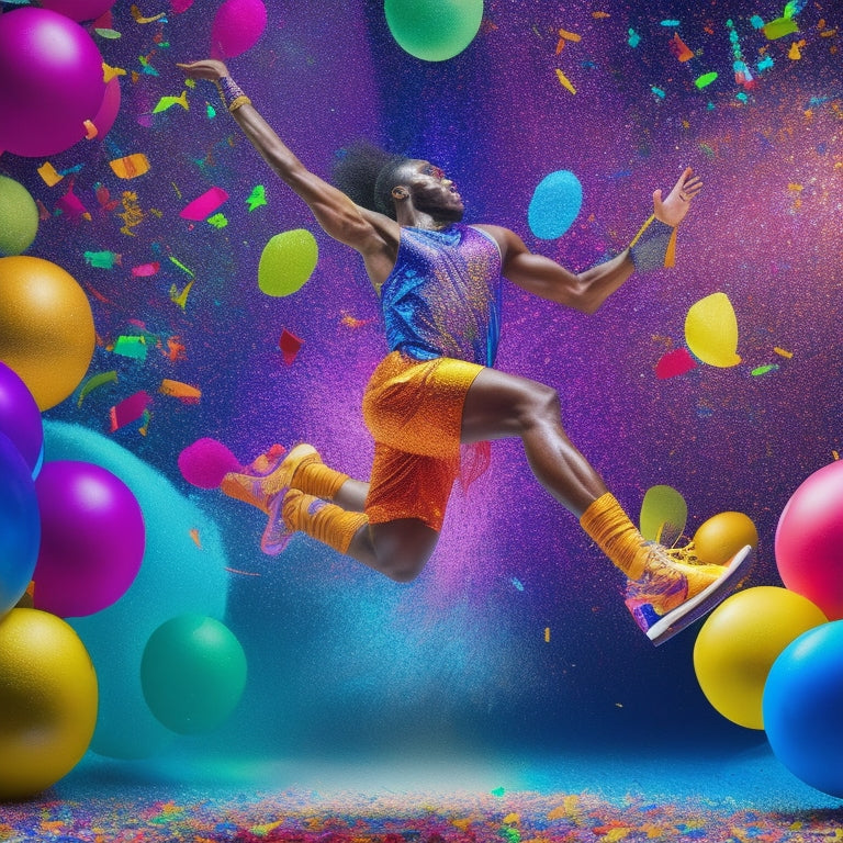 A vibrant illustration of a energetic dancer wearing gym shoes, surrounded by swirling salsa rhythms, with confetti and maracas floating in the air, set against a warm, fiery background.