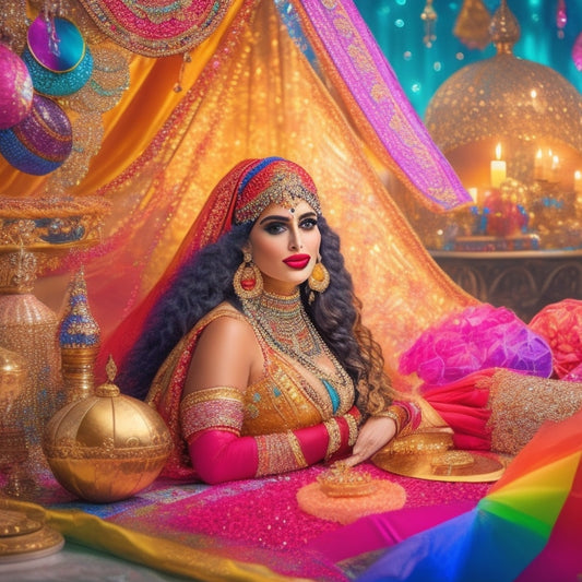 A whimsical, dreamy illustration of a belly dancer surrounded by a kaleidoscope of colorful props, including veils, scarves, fans, and sequined accessories, amidst a warm, golden-lit Middle Eastern-inspired backdrop.