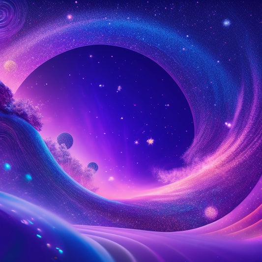 A vibrant, abstract illustration featuring swirling dance-inspired shapes and patterns in shades of pink, purple, and blue, with glittering stars and spotlights scattered throughout.