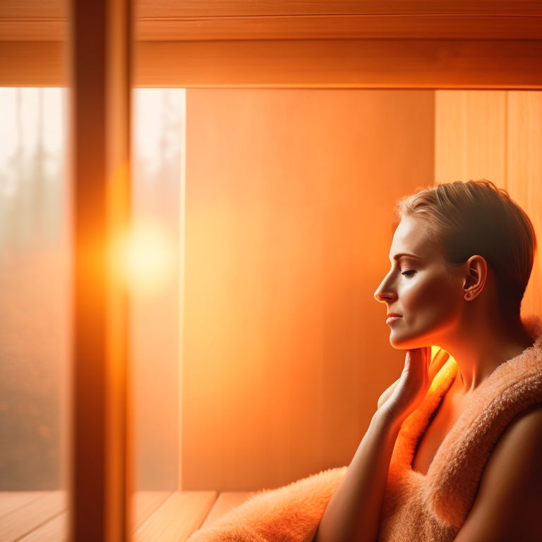 A serene, minimalist illustration of a person relaxing in a sauna, surrounded by warm, golden lighting, with a smartphone in hand, displaying a sauna control interface on the screen.