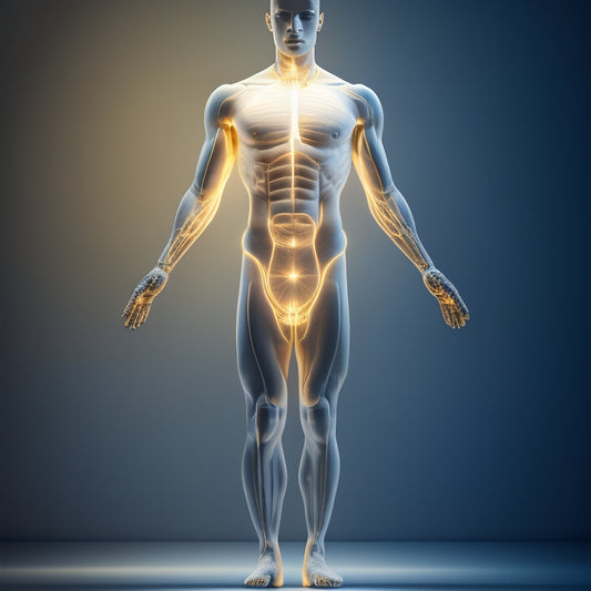 A serene, minimalist background with a stylized illustration of a human body, divided into isolated sections (e.g., arms, legs, torso) with subtle, glowing lines connecting each part, conveying harmony and control.