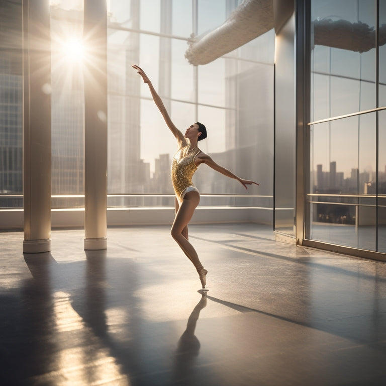 A golden spotlight shining down on a sleek, modern dance studio, with a lone dancer in a flowing white leotard, surrounded by mirrors and barres, with a subtle cityscape background.