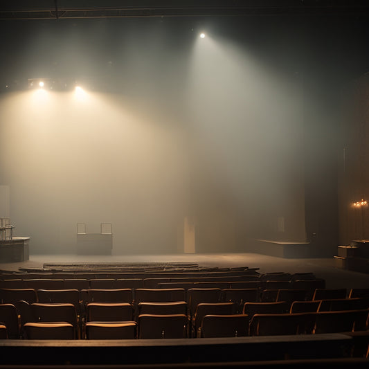 A dimly lit, intimate theater setting with scattered seats, spotlit sound design equipment, and eerie fog, evoking an immersive, avant-garde atmosphere.