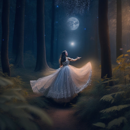 A whimsical illustration of a moonlit forest, with twinkling fireflies and sparkling stars surrounding a beautiful, ethereal dancer, her flowing gown shimmering with glittering moonbeams.