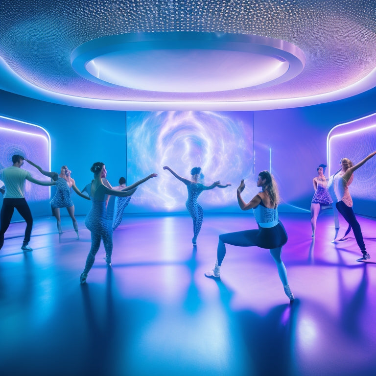 A futuristic dance studio with a giant screen displaying a 3D hologram of a ballet instructor, surrounded by students wearing VR headsets, practicing pirouettes amidst swirling patterns of code and digital music notes.