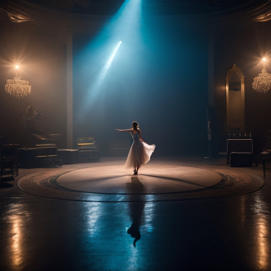 A dimly lit, intimate performance space with a small stage, spotlight shining down, featuring a lone dancer in mid-pose, surrounded by mirrors, dance bars, and scattered sheets of choreographed music notes.