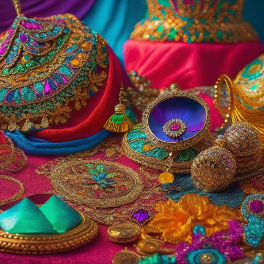 A vibrant display of belly dance accessories: shimmering coin belts, colorful silk veils, ornate finger cymbals, dazzling jewelry, and intricate accessories scattered on a rich, textured fabric background, evoking an inviting, exotic atmosphere.