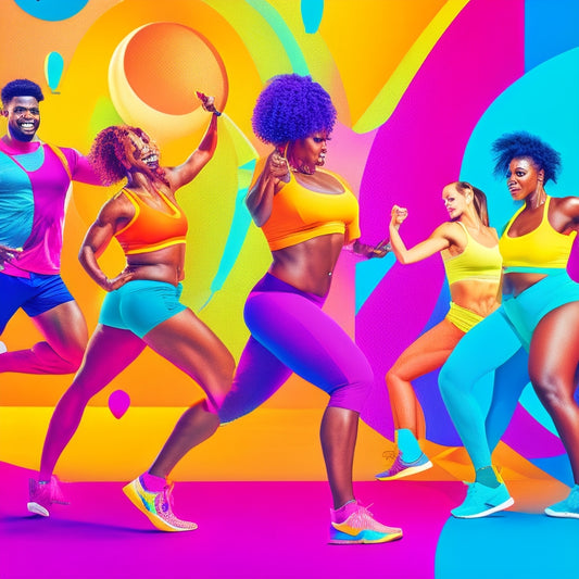 A vibrant, energetic illustration featuring a diverse group of people dancing in a bright, modern studio, surrounded by motivational fitness props and subtle weight loss symbols, with bold, dynamic lines and pops of bright color.
