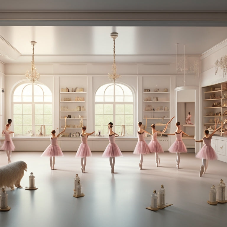 A whimsical illustration of a ballet studio, with a subtle music staff pattern on the walls, surrounded by dancing silhouettes, ballet shoes, and a few scattered music notes, in a soft, pastel color palette.